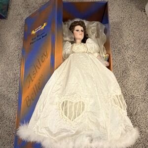 Ashley Belle Porcelain Doll Curly Brown Hair Brown Eyes White Dress Original Box